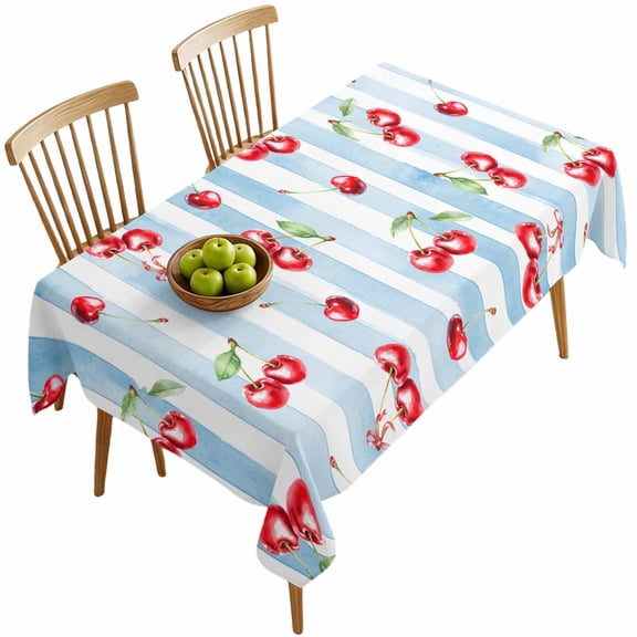 Rectangle Tablecloths, Watercolor Cherry Red Fruit Art Waterproof Table Cloths, Light Blue Stripe Texture Spillproof Decorative Dining Table Covers for Kitchen,Parties, Camping 60x120in