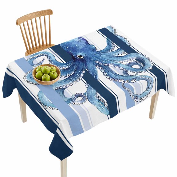 Rectangle Tablecloths, Watercolor Marine Octopus Monster Waterproof Table Cloths, Blue Ombre Vertical Stripe Spillproof Decorative Dining Table Covers for Kitchen,Indoor Parties, Camping 52x70in