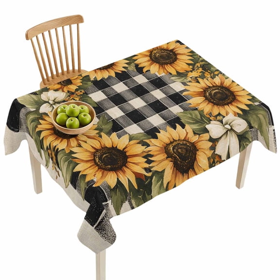 Rectangle Tablecloths, Watercolor Sunflower Leaves on Linen Waterproof Table Cloths, Plaid Retro Floral Spillproof Decorative Dining Table Covers for Kitchen,Indoor Outdoor Parties, Camping 52x70in