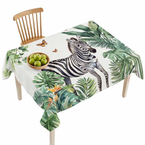 Rectangle Tablecloths, Zebra Tropical Leaves Jungle Waterproof Table Cloths, Black Stripes Animal Portrait Spillproof Decorative Dining Table Covers for Kitchen,Indoor Parties, Camping 52x70in