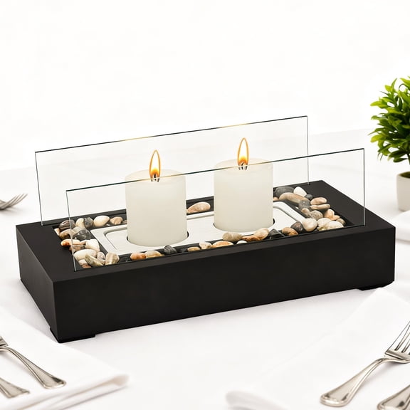 Rectangle Tabletop Hurricane Candleholder with Decorative Stones - Suitable for Dia 2.5" and Below Pillar Candles and Scented Candles, Gift for Dinner Table Centerpiece & Housewareming