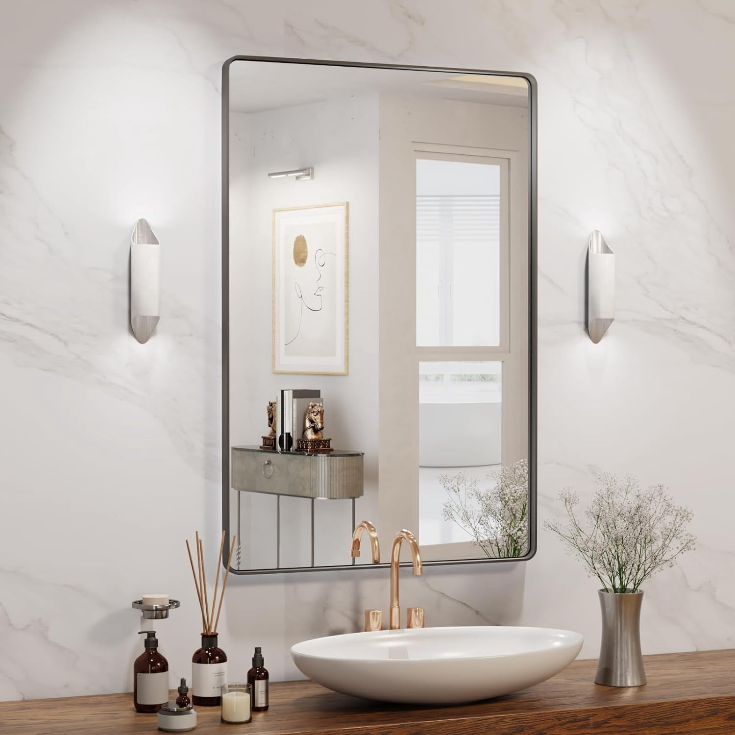 Rectangle Tempered Glass Bathroom Mirrors for Vanity, Black Metal ...