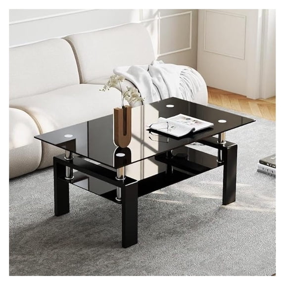 Rectangle Tempered Glass Coffee Table, Modern Living Room Table with Storage & Black Metal Legs, Center Table for Bedroom Home Office Small Space Waiting Room