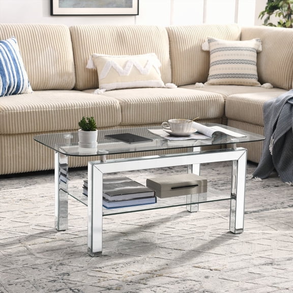 Rectangle Tempered Glass Coffee Table with Mirrored Stainless Legs, 2-Tier Storage, Easy Assembly and Clean, Silver