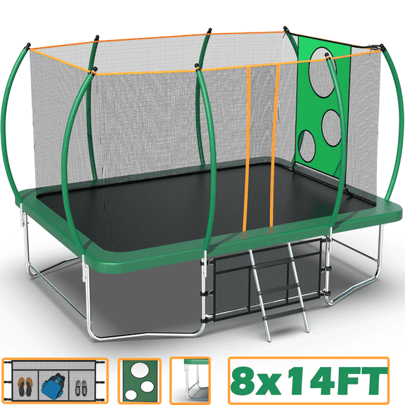 Seizeen Rectangle Trampoline for Outdoor, 8x14ft Pumpkin Trampoline with Enclosure Net, 2-in-1 Kids Trampoline with Soccer Target, Max Weight 2200LBS