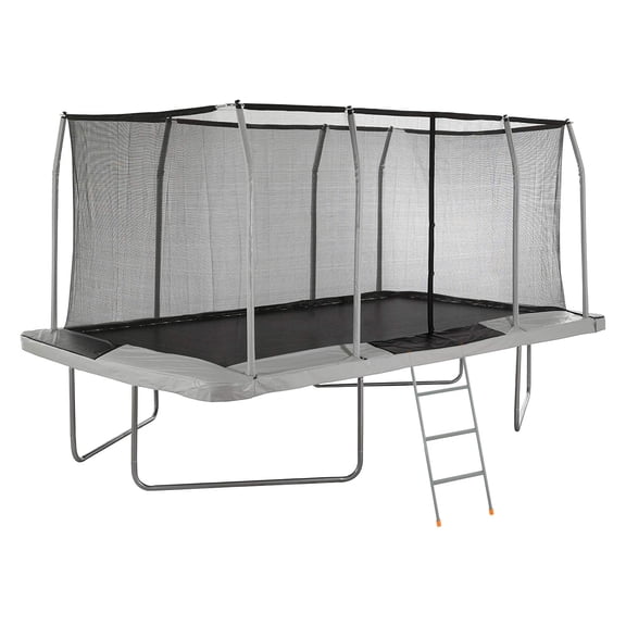 Plexalife 9' X 15' Gymnastics Style, Rectangular Trampoline Set with Premium Top-Ring Enclosure System- Beige/Black with Bonus 3-Step Ladder