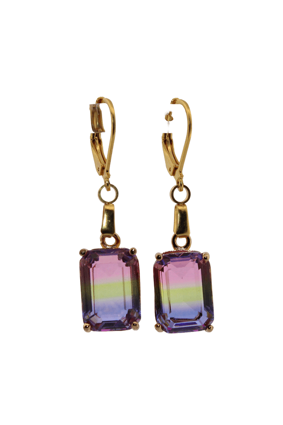 Rectangle Tri-colored Watermelon Tourmaline Gold Dangle Earrings 324
