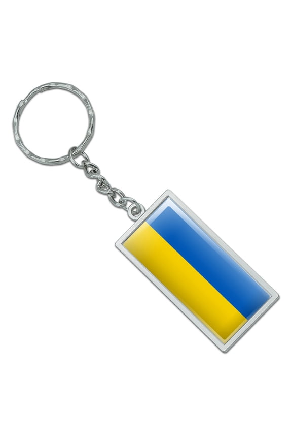 Rectangle Ukraine Country Flag Keychain in Chrome Plated Metal