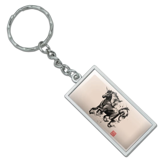 Rectangle Unicorn Traditional Chinese Ink Painting Keychain in Chrome Plated Metal