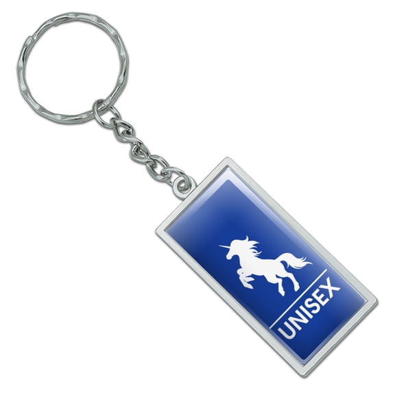 Rectangle Unicorn Unisex Restroom Bathroom Washroom Sign Keychain in Chrome Plated Metal