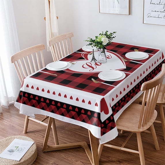 Rectangle Valentine Tablecloth Waterproof/Stainproof Valentines Day Tablecloths Décor,Red Love Heart Buffalo Plaid Check Table Cloth Wrinkle-Free Washable Fabric Table Cover for Dining/Party/Wedding