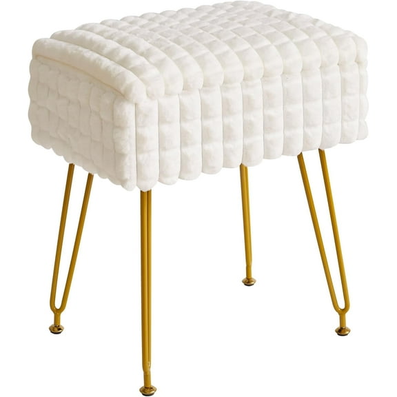 Rectangle Vanity Chair with Storage Space, Footrest Footstool Ottoman, Stool, Dressing Table Chair, Anti-Slip Feet, for Makeup Room, Bedroom, Square Grid Pattern, White WBD004W