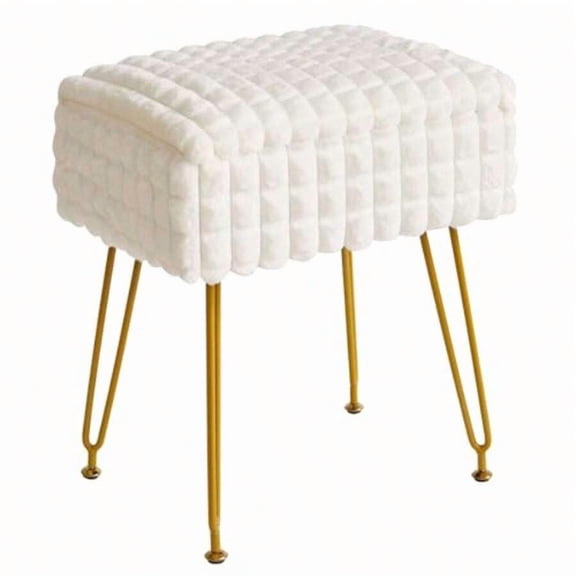 Rectangle Vanity Chair With Storage Space Footrest Footstool Ottoman Vanity Stool Dressing Table Chair With Anti-Slip Feet For Makeup Room Bedroom Square Grid Pattern White
