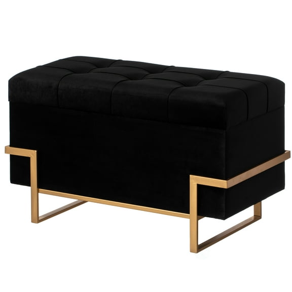 Rectangle Velvet Storage Ottoman Stool Box with Abstract Golden Legs Decorative Sitting Bench for Living Room Home