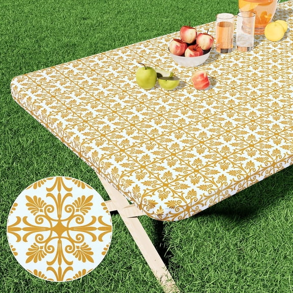 Rectangle Vinyl Table Cloth, Elastic Fitted Flannel Backed Tablecloth, 100% Waterproof Plastic Table Cover Fits 5 Foot Folding Tables for Picnic, Camping, Outdoor (Gold, 30" x 60")