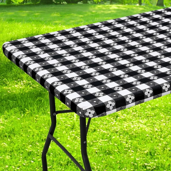 Rectangle Vinyl Table Cloth, Waterproof Elastic Fitted Tablecloth with Flannel Backing, Plastic Table Cover for Picnic, Camping, Outdoor (Black & White, 30"x72")