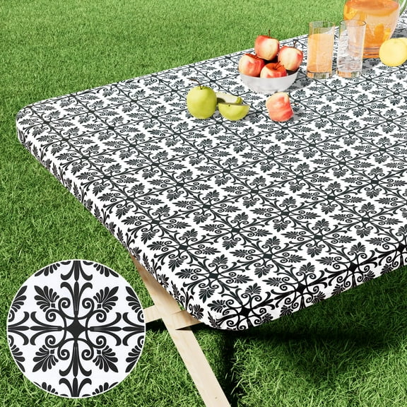 Elastic Edge Table Cover, Vinyl Flannel Back Rectangle Cloth, Waterproof Durable for 6 Foot Folding Tables, Indoor Outdoor Party Picnic, Black