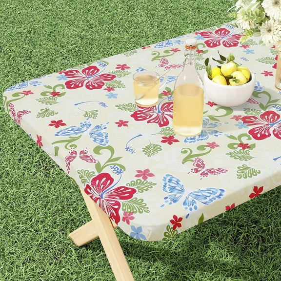 Rectangle Vinyl Tablecloth, Fitted Table Cover, 100% Waterproof, Elastic Edge, Flannel Backing, Plastic Table Cloth Fit 5 Foot Folding Tables for Picnic, Camping, Outdoor (30x60 inch)