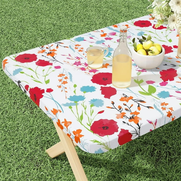 Rectangle Vinyl Tablecloth, Fitted Table Cover, 100% Waterproof, Elastic Edge, Flannel Backing, Plastic Table Cloth Fit 6 Foot Folding Tables for Easter, Picnic, Outdoor (Flowers, 30x72 inch)