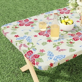 Rectangle Vinyl Tablecloth, Fitted Table Cover, 100% Waterproof, Elastic Edge, Flannel Backing, Plastic Table Cloth Fit 6 Foot Folding Tables for Picnic, Camping, Outdoor, Flowers, 30x60 inch