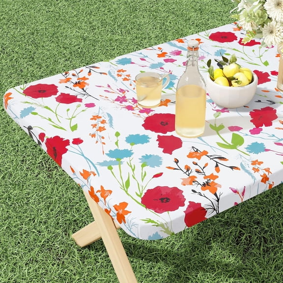 Rectangle Vinyl Tablecloth, Fitted Table Cover, 100% Waterproof, Elastic Edge, Flannel Backing, Plastic Table Cloth Fit Folding Tables for Picnic, Camping, Outdoor (Flowers, 36x72 inch)