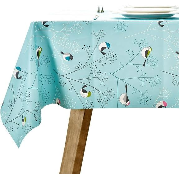 Rectangle Vinyl Tablecloth Wipeable Oil-Proof Waterproof PVC Heavy Duty Long Oilcloth Tablecloth Turquoise Bird 60x 102 Inch