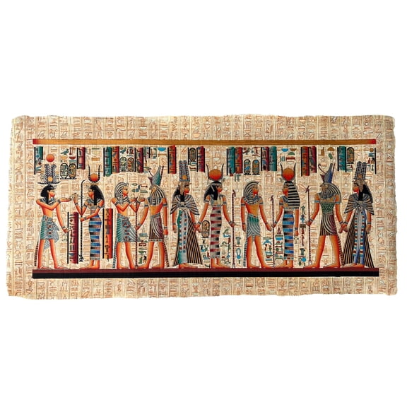 Rectangle Wall Art, Hieroglyphic Papyrus Painting, Ramses II, Hathor, Thutmose III, Horus, Isis, Nefertari and Tut, 36x16 Inches, 93x43 cm
