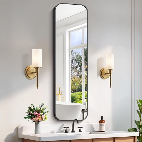 Rectangle Wall Mounted Mirror 55"L x 16"W Black Aluminum Frame Rounded Corner
