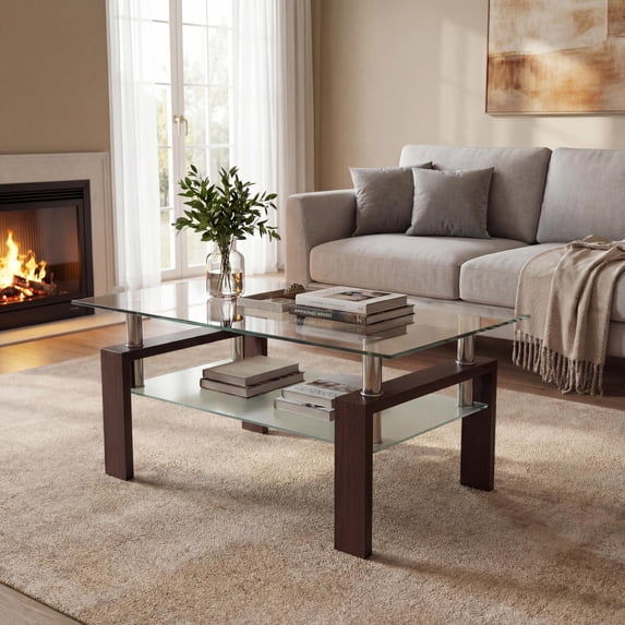 Glass Coffee Table with Lower Shelf, Holaki Modern Rectangular Tempered Glass Center Table with Metal Legs for Living Room, Walnut