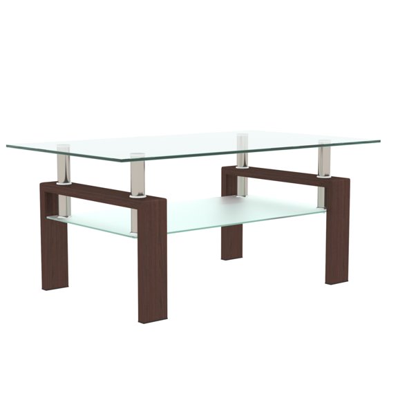 Glass Coffee Table with Lower Shelf, Holaki Modern Rectangular Tempered Glass Center Table with Metal Legs for Living Room, Walnut