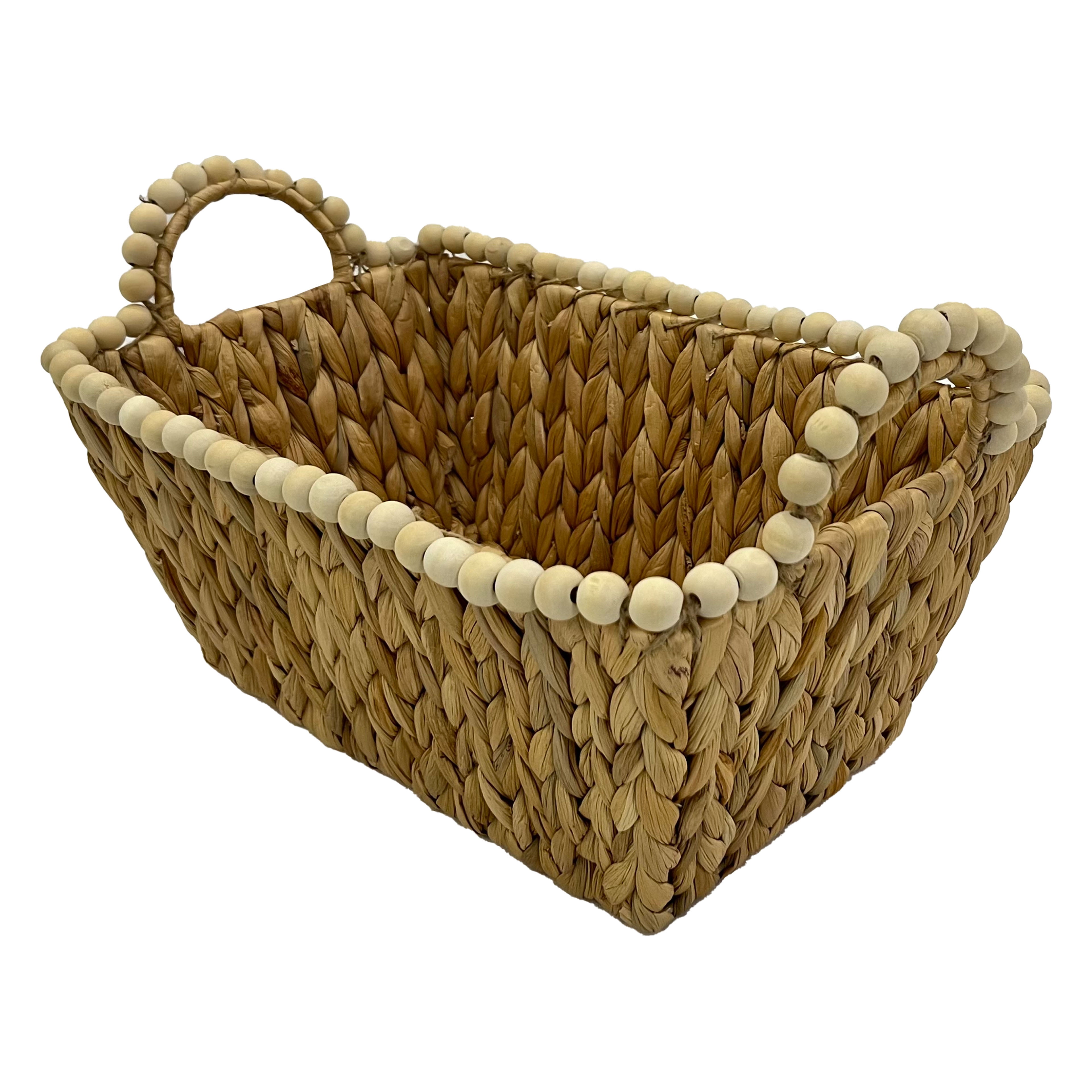 Light Brown Rectangular Water Hyacinth Basket with Wood Beads