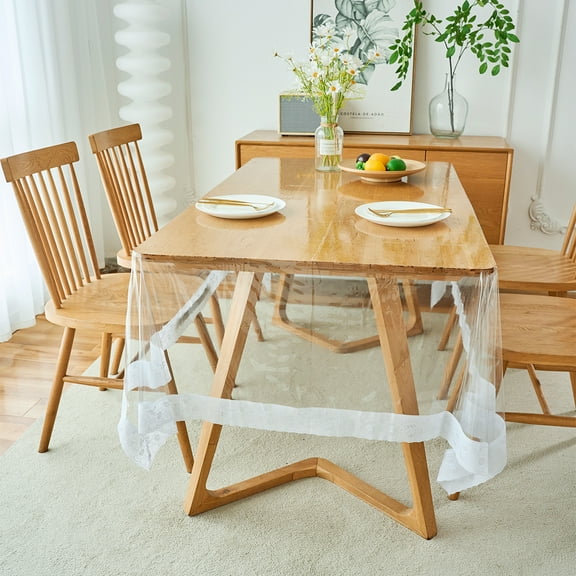 Rectangle Waterproof Vinyl Clear Plastic Tablecloth with White Lace Edge, PVC Clear Plastic Tablecloth Protector,Transparent Table Cover for Dining Tables Kitchen Home (60x92 in)