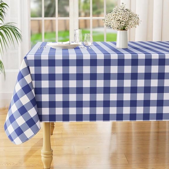 Rectangle Waterproof Vinyl Table Cloth, Buffalo Flannel Backed Tablecloth, Wipeable Plastic Table Cover for Dinner, Kitchen, Outdoor (60" x 102", White and Navy)