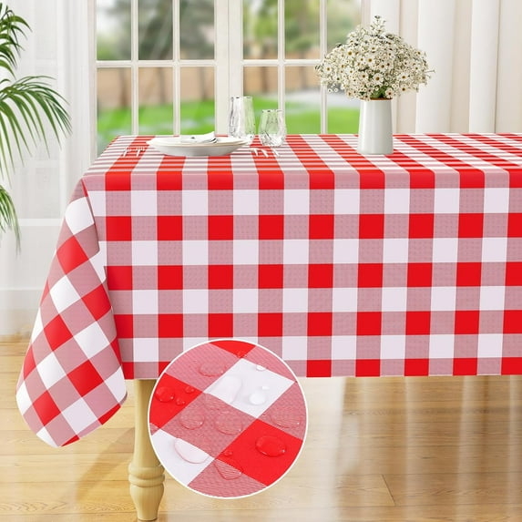 Rectangle Waterproof Vinyl Table Cloth, Buffalo Flannel Backed Tablecloth, Wipeable Plastic Table Cover for Dinner, Kitchen, Outdoor (60" x 120", Red and White)