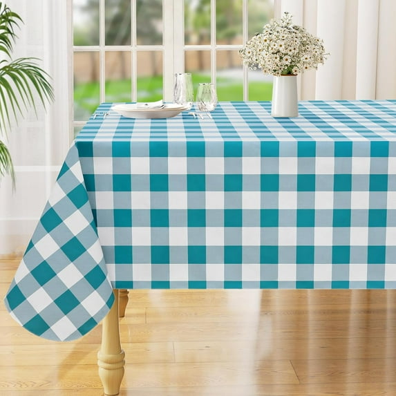 Rectangle Waterproof Vinyl Table Cloth, Buffalo Flannel Backed Tablecloth, Wipeable Plastic Table Cover for Dinner, Kitchen, Outdoor (60" x 120", Turquoise and White)