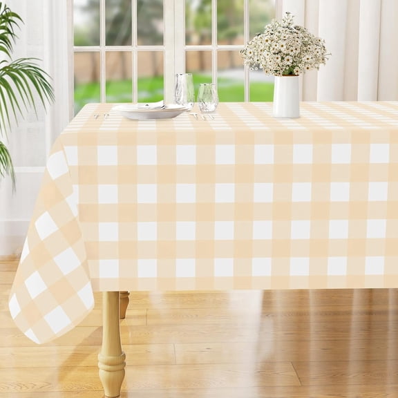 Rectangle Waterproof Vinyl Table Cloth, Buffalo Flannel Backed Tablecloth, Wipeable Plastic Table Cover for Dinner, Kitchen, Outdoor (60" x 84", Beige and White)