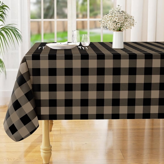 Rectangle Waterproof Vinyl Table Cloth, Buffalo Flannel Backed Tablecloth, Wipeable Plastic Table Cover for Dinner, Kitchen, Outdoor (60" x 84", Black and Khaki)