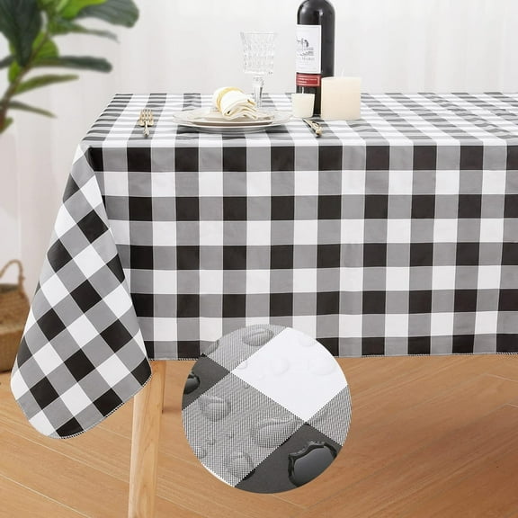 Rectangle Waterproof Vinyl Table Cloth, Buffalo Flannel Backed Tablecloth, Wipeable Plastic Table Cover for Dinner, Kitchen, Outdoor (60" x 84", Black and White)