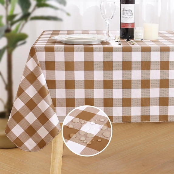 Rectangle Waterproof Vinyl Table Cloth, Buffalo Flannel Backed Tablecloth, Wipeable Plastic Table Cover for Dinner, Kitchen, Outdoor (60" x 84", Brown and White)