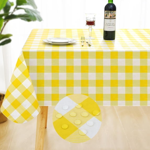 Rectangle Waterproof Vinyl Table Cloth, Buffalo Flannel Backed Tablecloth, Wipeable Plastic Table Cover for Dinner, Kitchen, Outdoor (60" x 84", Yellow and White)