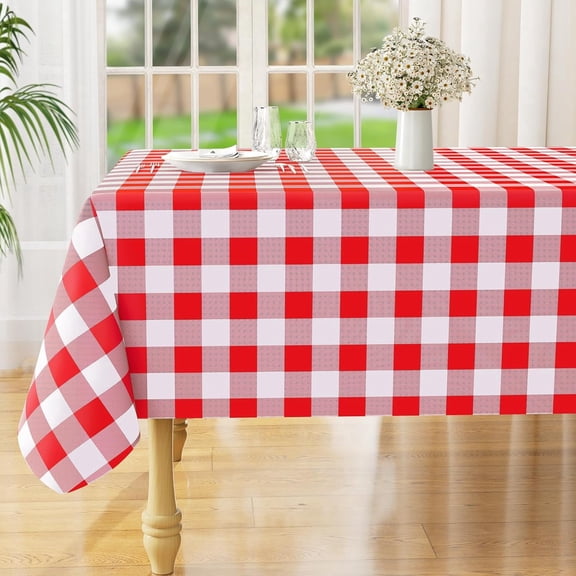Rectangle Waterproof Vinyl Table Cloth, Buffalo Flannel Backed Tablecloth, Wipeable Plastic Table Cover for Valentine''s Day, Dinner, Kitchen, Outdoor (60" x 120", Red and White)