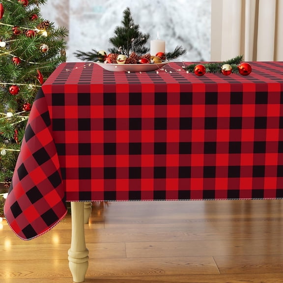 Rectangle Waterproof Vinyl Table Cloth, Buffalo Flannel Backed Tablecloth, Wipeable Plastic Table Cover for Christmas (60" x 84", Red and Black)