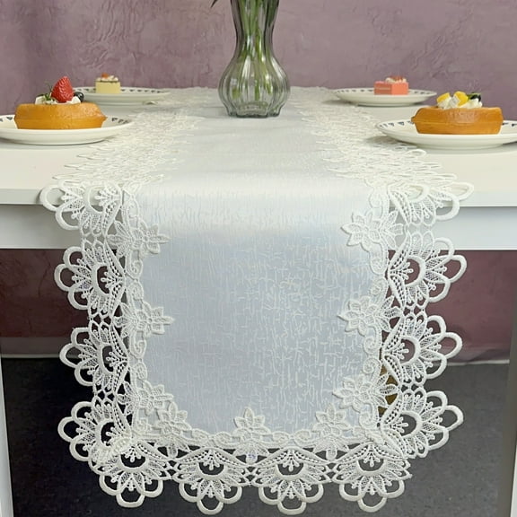 Rectangle White Table Runner Lace Macrame Embroidered Table Runners for Holiday Wedding Long Dinner Tables
