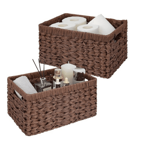Waterproof Wicker Baskets for Shelves Storage, Rectangle Woven Basket Pantry Kitchen, Multi-Room Use, Decorative & Functional, Brown, 2-Pack