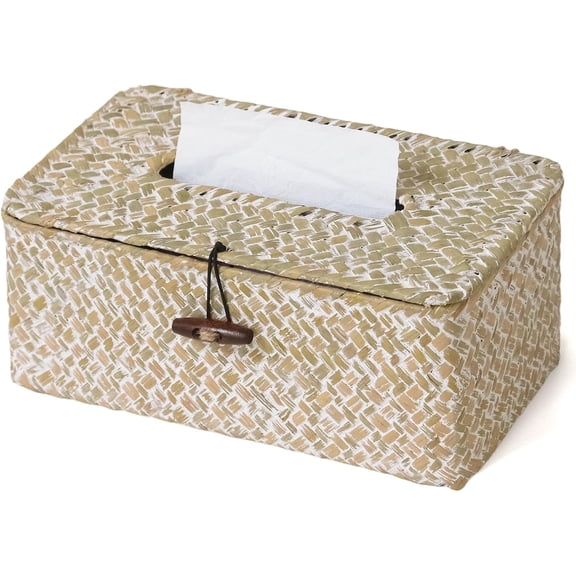 Rectangle Wicker Tissue Box Cover, Woven Seagrass Tissue Holder, Whitewash
