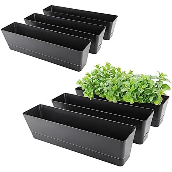 Rectangle Window Boxes, 6PCS 16x3.8 Inch Black Herb Planters with RemovableTray and Drainage Hole, Succulent Flowers Plastic Pot for Balcony, Office, Windowsill, Garden, Outdoor Decoration Use