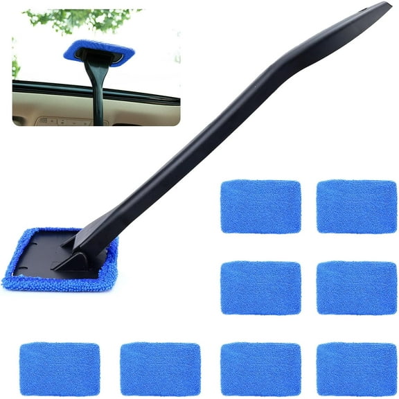 Rectangle Windshield Cleaner Tool Kit, Reusable Car Window Cleaner with Extra 9 Washable Microfiber Pads, Portable Inside Windshield Washer for Auto Interior Rear Glass (Blue)