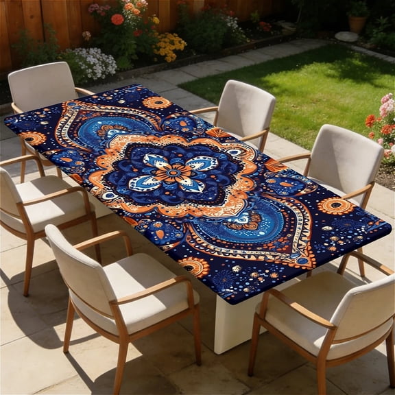 Rectangle Wipeable Tablecloth with Elastic, Fitted Waterproof Outdoor Tablecloth for 6 Foot Rectangle Tables, Picnic, Camping