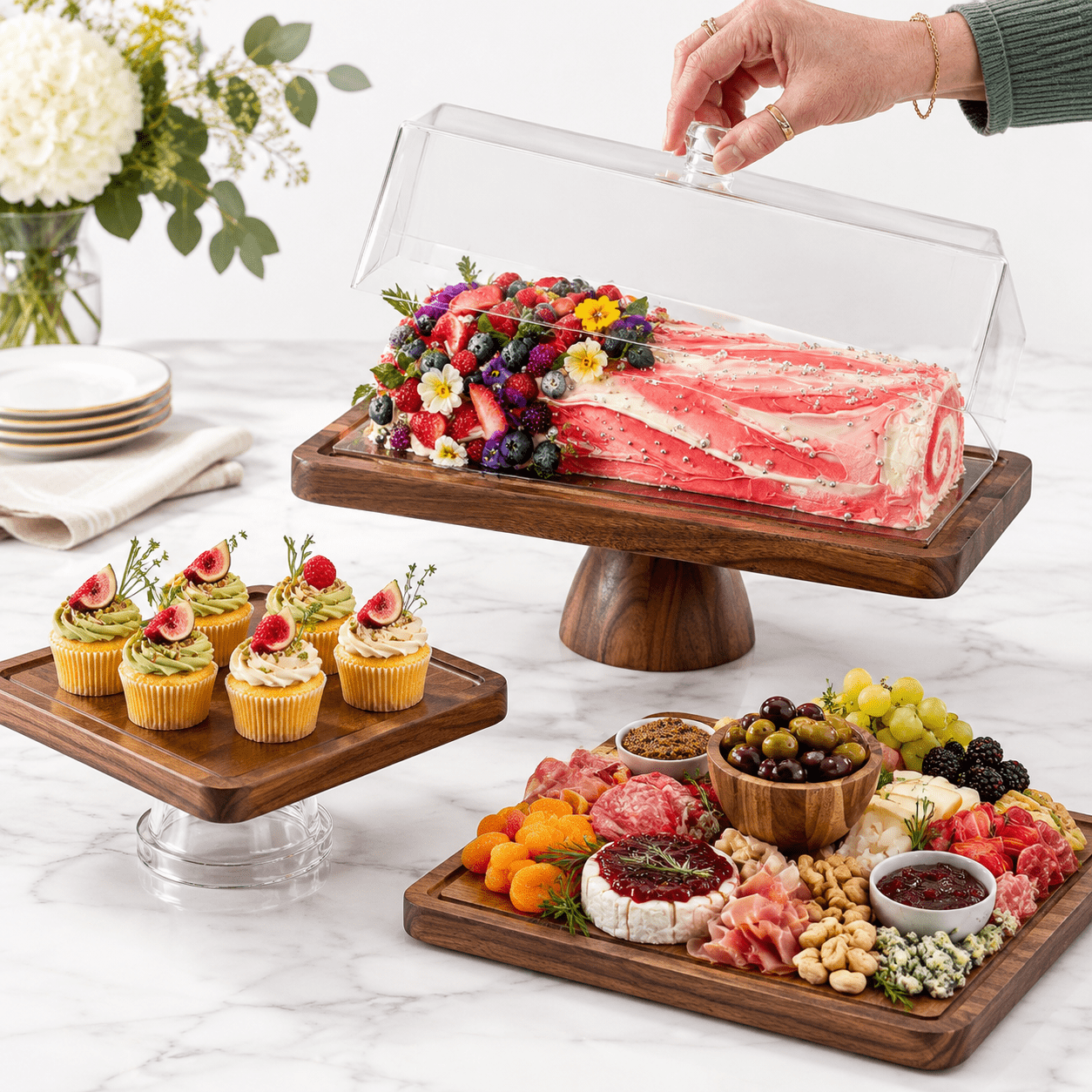Rectangle Wood Cake Stand With Lid 2-in-1 Charcuterie Serving Platter ...