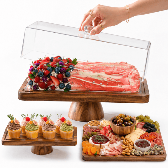 Rectangle Wood Cake Stand With Lid 2-in-1 Charcuterie Serving Platter
